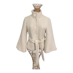 Anthropologie alike Ivory Wool Blend Swing Jacket Textured, Belted, Button Front